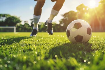 Closeup of a soccer ball on a green field with a player in the background.