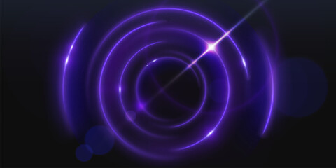 Abstract purple light flare sphere glow effect. Magic neon shine with circular glitter frame design. 3d orb portal with energy motion on curve. Electric shiny and glossy violet speed halo bg