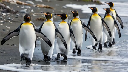 Obraz premium King penguins walking at St. Andrews beach