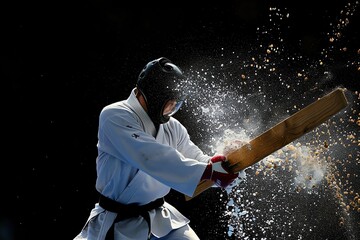 Martial arts master breaking a wooden board with a powerful strike.