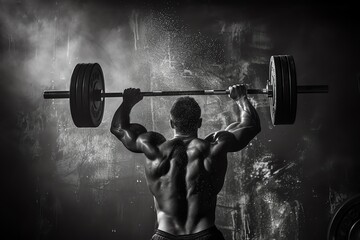Muscular man lifting heavy barbell during workout in the gym