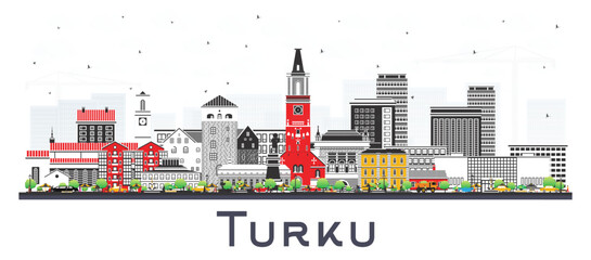 Fototapeta premium Turku Finland city skyline with color buildings isolated on white. Turku cityscape with landmarks. Business travel and tourism concept with modern and historic architecture.