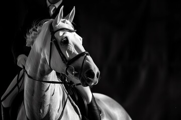 Obraz premium Close-up of a white horse's head with rider in the background