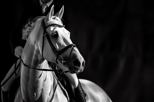 Close-up of a white horse's head with rider in the background