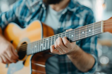 Obraz premium Soulful Acoustic Serenade: Musician Performing a Heartfelt Set in a Rustic Barn with Emotive Guitar Melodies