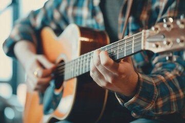 Obraz premium Intimate Musical Performance: Musician Playing Acoustic Guitar on Small Stage with Warm Lighting