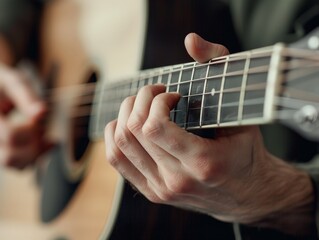 Obraz premium Skilled Hands Playing Acoustic Guitar with Precision Strumming and Focus on Strings