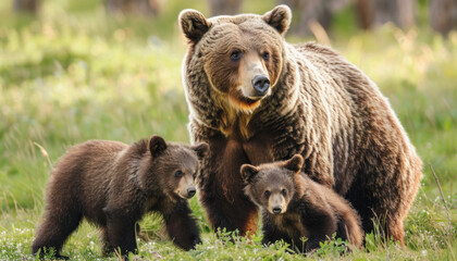 Obraz premium A mother bear and her two cubs are in the grass, observing their natural surroundings