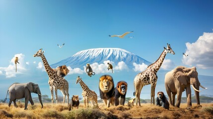Group of African animals - giraffe, lion, elephant © daniel