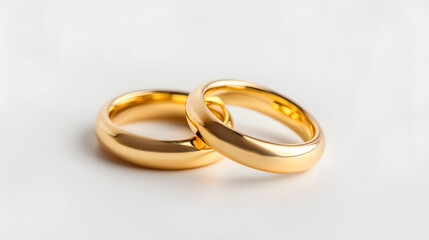 A close-up image of two classic gold wedding bands on a white background, symbolizing timeless love and commitment in an elegant and minimalist style.