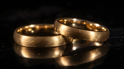 A close-up image of two gold wedding bands placed on a black reflective surface, highlighting their elegance and timeless beauty.