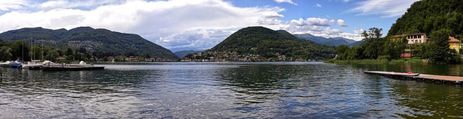 Panorama of Caslano Switzerland seen from the Italian side.