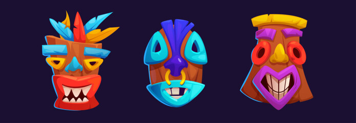 Hawaiian totem tiki mask. Hawaii or Polynesian island ancient native tribal statue head with cute scary faces. Cartoon vector set of traditional Mayan indigenous culture wooden ritual sculpture.