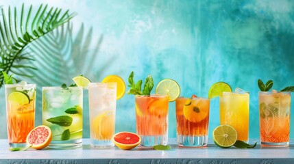 A variety of refreshing and colorful drinks are neatly arranged on a table against a beach-themed background, showcasing summer vibes and the essence of tropical relaxation.