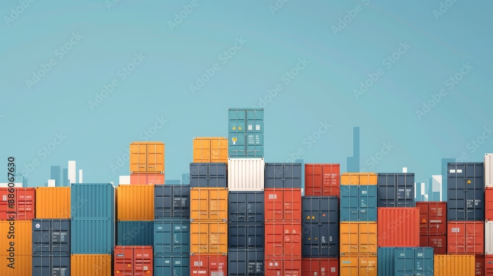 Poster global shipping logistics: container port with colorful stacked containers