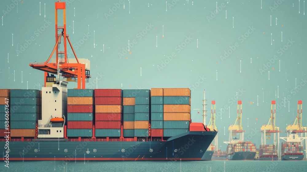 Poster global shipping network: container ship maneuvering through busy port with precision coordination