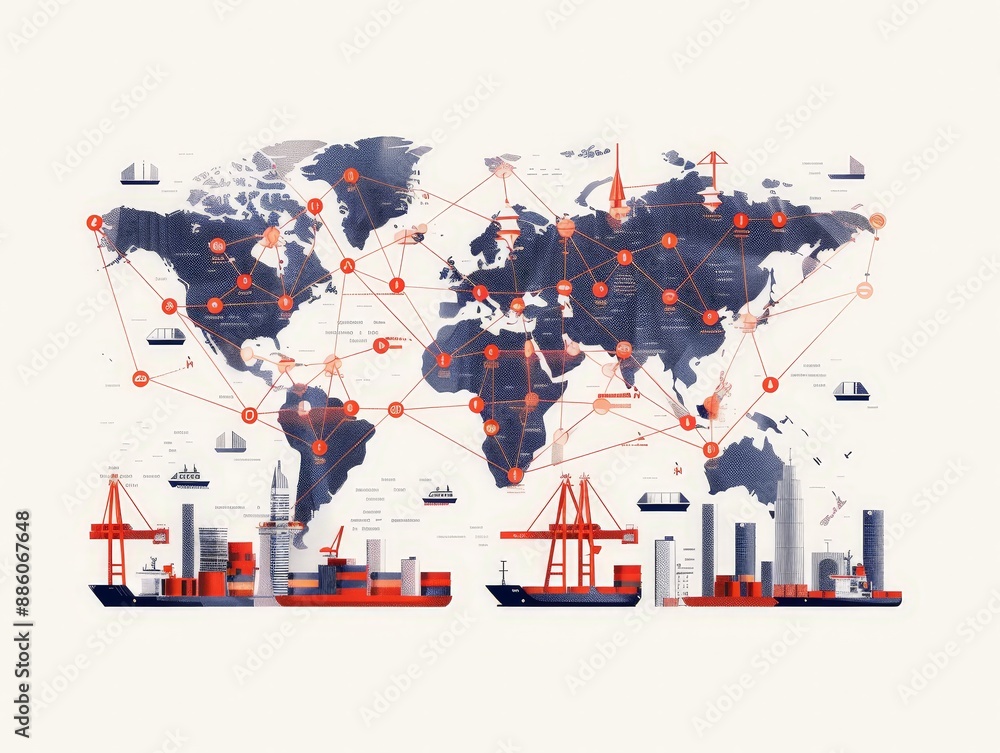 Poster global shipping hub network in flat vector style