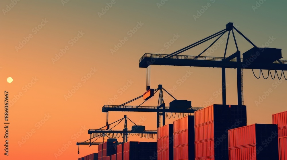 Poster modern efficiency in cargo handling: minimalist container terminal with cranes loading containers on