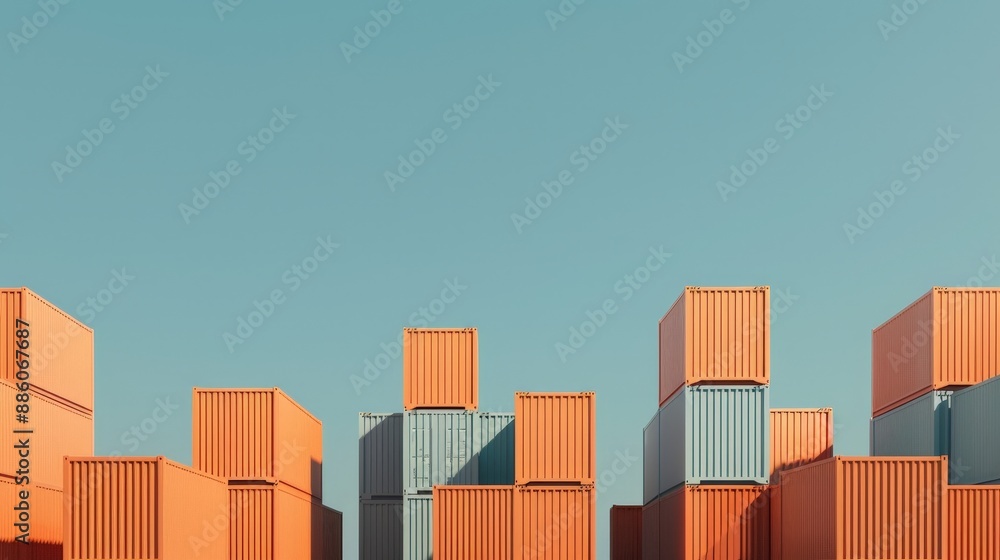 Poster organized container yard: minimalist illustration of neatly stacked containers at port for global di