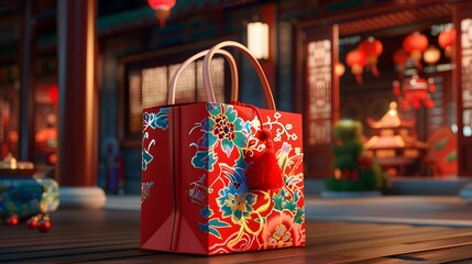 Render a 3D model of a cheerful red cartoon festive bag set against a traditional Chinese ancient background, showcasing the blend of festivity and tradition