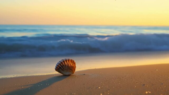 Close-up to wide shot transition: A serene beach at dawn, with a single seashell lying on the wet sand as gentle waves lap around it in 4k Video