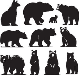 silhouettes bear, a group of bear, black color isolated on white background vector and white background