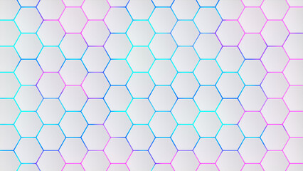 Fototapeta premium Hexagons pattern on a white background. Colored honeycombs on a light gradient. Geometric digital shape. Vector linear structure of a wasp's nest. Technological clean template. White wall neon