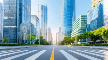 A city skyline with a large glass building in the center