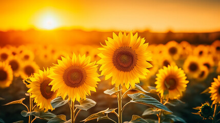 Sunflowers on Sunset Field in Sunshine