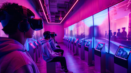 A futuristic classroom where students interact with holographic displays and virtual reality headsets.