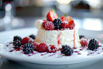 Delicious dessert with berries and cream being served on a white plate at a restaurant