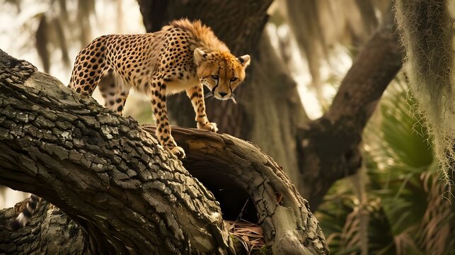 Cheetah walking down twisted tree in savannah