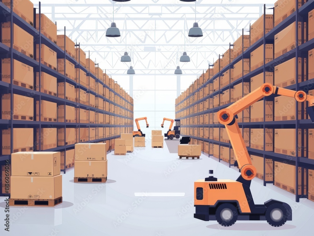 Poster futuristic warehouse automation with robotic arms and agvs streamlining logistics and operations