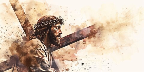 Digital illustration of Jesus Christ in cross-like position with crown on head. Gradient background transitions from light to dark brown. Minimalist style, neutral color palette, ethereal atmosphere.