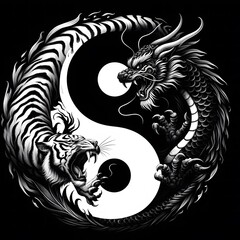 AI Generate A Dragon and Tiger fighting in circle create a yin yang pattern, in black and white pattern