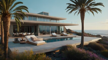 Fototapeta premium resort at the sunny day with shiny look near the beach of sea near the palm trees