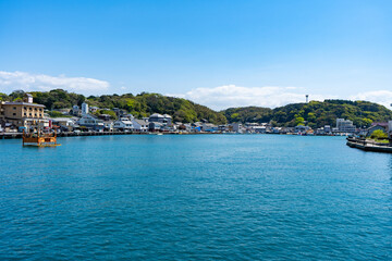 Naklejka premium 船の上から見る呼子の港の風景