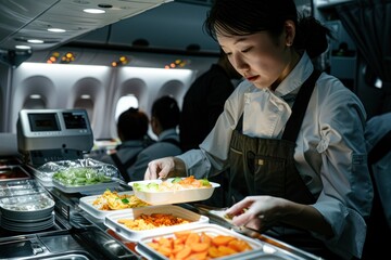 In the galley of an airplane, a flight attendant prepares meals and beverages for passengers. The captain is seen reviewing flight documents nearby, ensuring everything is in order for the journey.