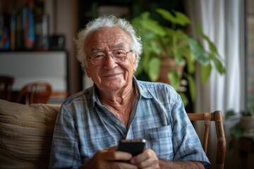 An elderly man with a gentle smile uses his smartphone while sitting in a bright, airy room filled with natural light. The background features simple yet elegant decor, adding to the peaceful