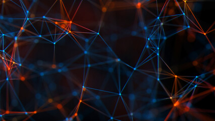 Abstract technical plexus background with glowing red and blue connecting lines and dots and knots. Concept of connecting to a digital data network. This is a modern with smooth