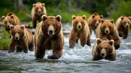 Obraz premium Group of Alaskan brown bears fishing in river