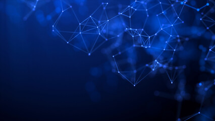  plexus on a blue background. Abstract neon connection of dots and lines on a dark background. Blue particles and polygons slowly fly, futuristic interweaving of digital data. Neural networks