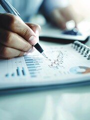 A financial advisor s hand writing notes on a financial planning notebook, with various charts and graphs nearby, and room for text.