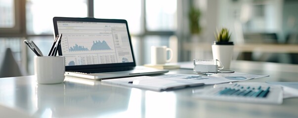 Close-up of a financial advisor s desk setup with a laptop, charts, and financial reports, providing ample copy space.