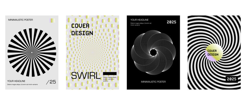 Posters with silhouette minimalistic basic figures, extraordinary graphic assets of geometrical shapes swirl style. Modern minimal monochrome print brutalist.