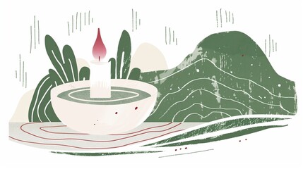 Serene guided meditation scene featuring a stylized illustration of a candle and plant elements, symbolizing tranquility and mindfulness.