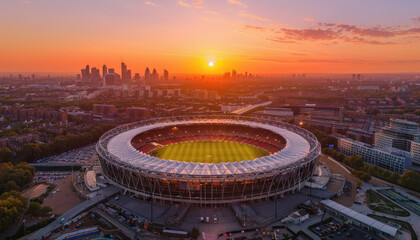 The soccer stadium looks stunning from above, sun setting, creating beautiful scene on a clear day