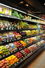 Fototapeta premium A vibrant image of a grocery store aisle filled with fresh produce on display. Various fruits and vegetables are neatly arranged, highlighting natural foods and healthy eating.
