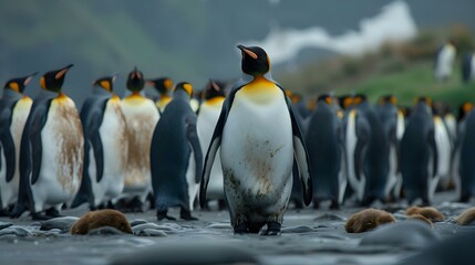 Obraz premium King penguin making way through a group of penguins