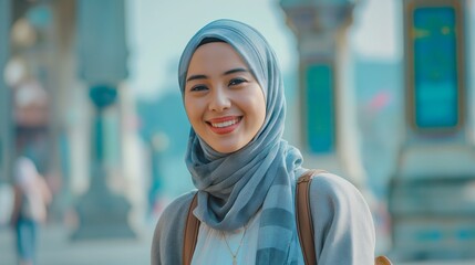 Enthusiastic Hijab Wearing Female Tour Guide in Casual Clothes Smiling Warmly at Famous Tourist Attractions, Reflecting Passion for Travel and Tourism